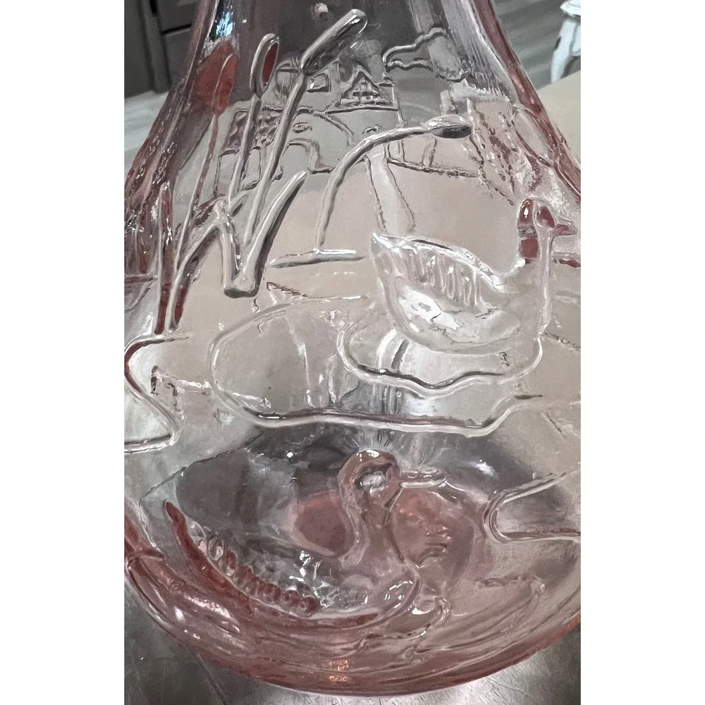 Vintage Pink Glass Casadis Milano Embossed Horse Ducks Castle Juice Decanter